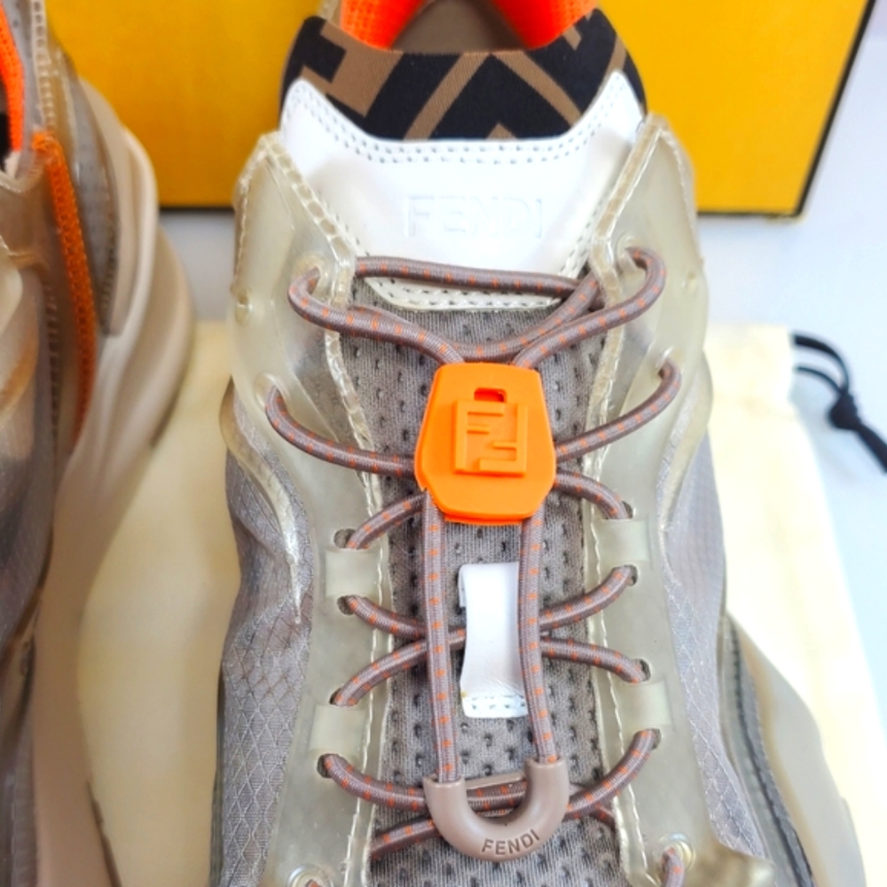 NWT$930 Fendi FLOW Beige Nylon Lowtop Leather Running Sneakers Sz US 12 Fendi 11 - Picture 7 of 16